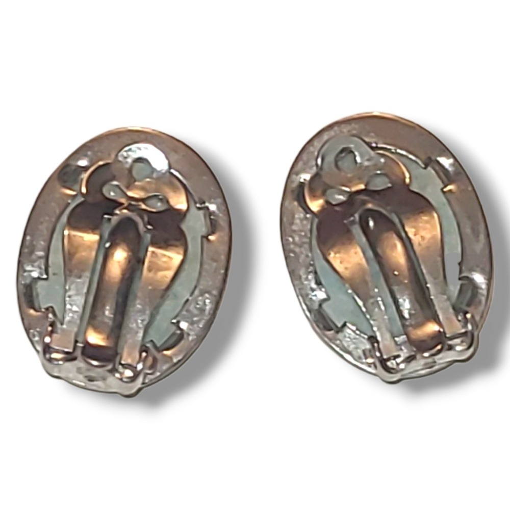 Larimar Cabochon Clip On Earrings Oval Blue Stone Silver Tone Vintage Style - Picture 4 of 5